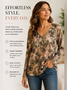 Chicos Floral V Neck Top Size 3 XL Metallic Detail Blouse